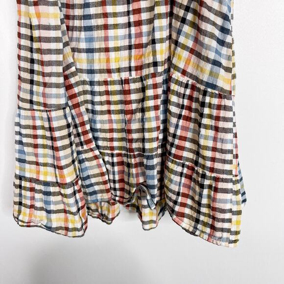 LOFT Medium M Plaid Tiered Ruffle Sleeveless Blouse Red Yellow Black Crew Neck - Picture 7 of 9